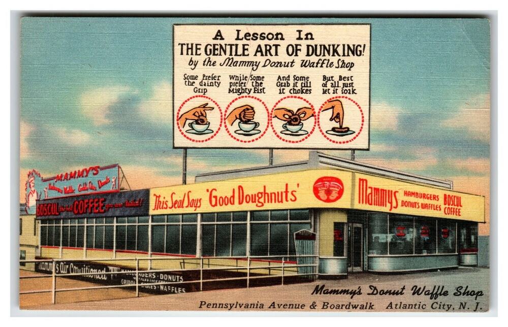 Mammy's Donut Waffle Shop Atlantic City NJ Linen Postcard "Art of Dunking"